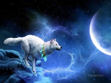  Luna Pintura al %C3%B3leo - lobo y luna fantasía